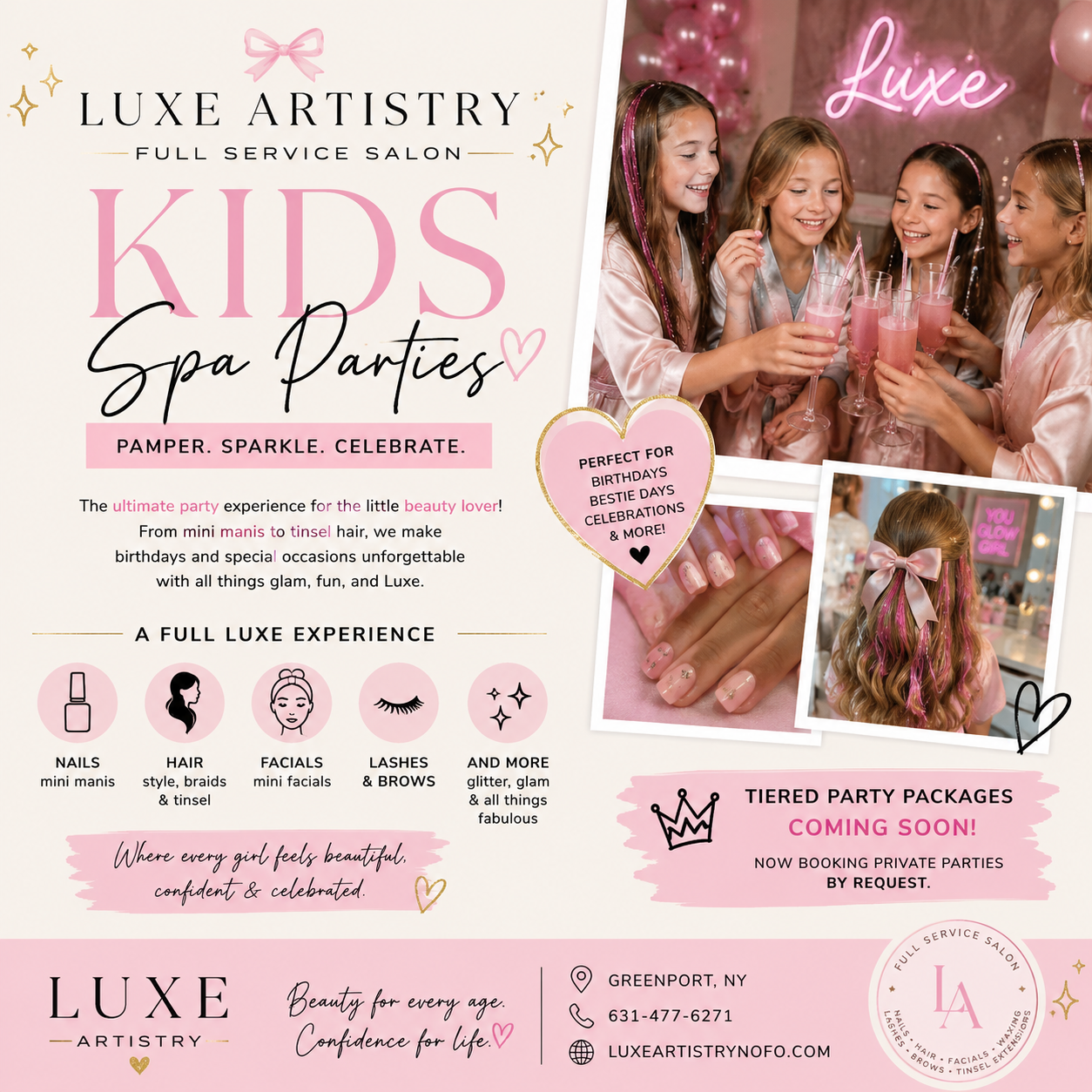 Luxe Artistry Kids Spa Parties — mini manis, tinsel hair, and birthday celebrations for girls