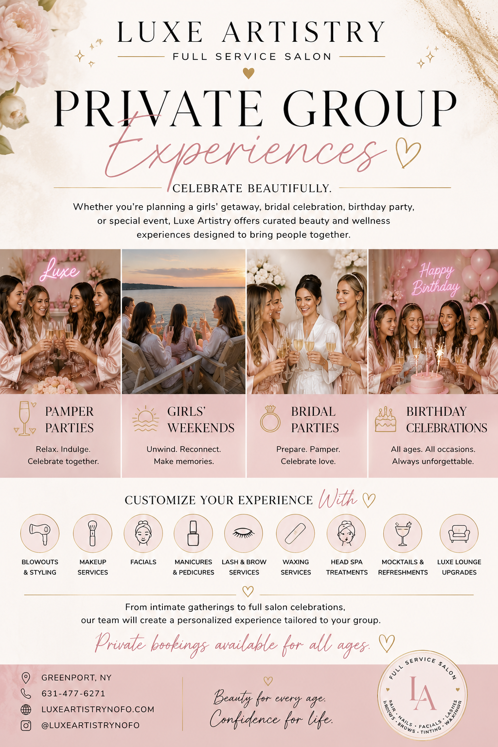 Luxe Artistry Private Group Experiences — Pamper Parties, Girls' Weekends, Bridal Parties, Birthday Celebrations in Greenport NY